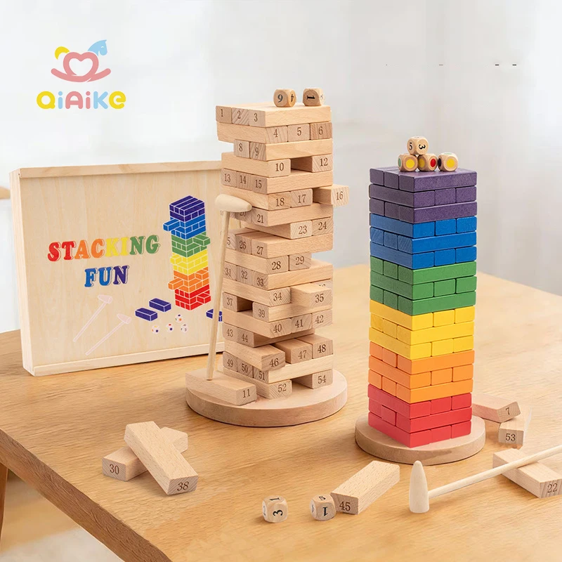 Klasik Çocuklar İçin Ahşap Blok Seti Eğitimsel İnşa Oyuncakları, Aile Partisi İçin 54 Parça Yığılma Oyunu ve Zarlı