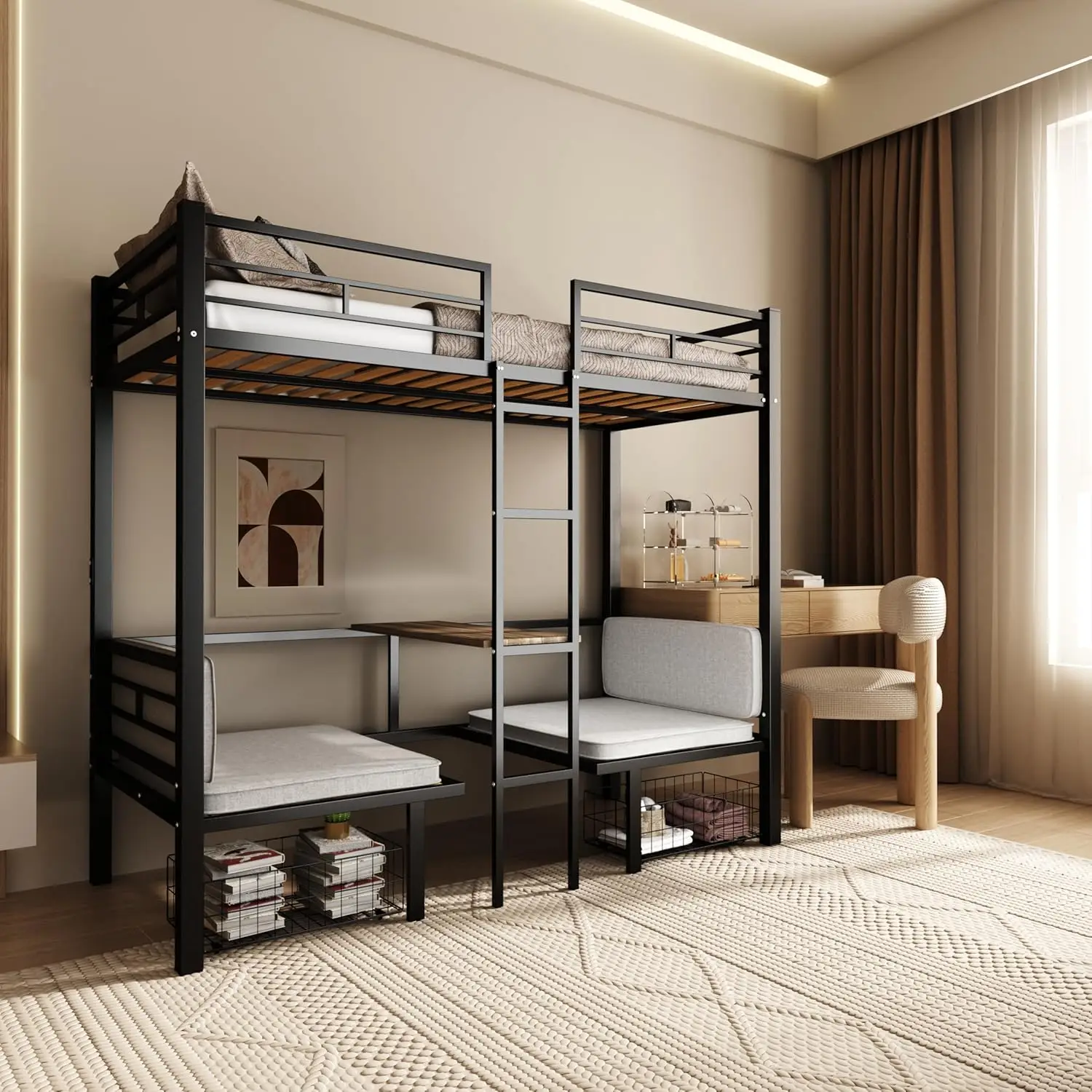 Metal Loft Bunk Bed with Desk for Adults Dormitory Furniture OEM