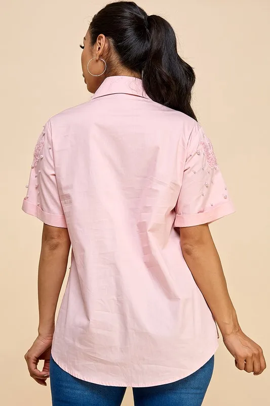 Oversized Cotton Blouse For Women Solid Pattern With Pearls Embroidery Bow Butterfly Details Button Down Closure Long Length - Image 5