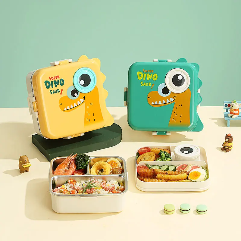 Cartoon 3 Compartment Kid Bento Box 304 Stainless Steel Lunch Box 1120ml+70ml Bento Kids Lunch Box  3 Grids with Sauce Bowl
