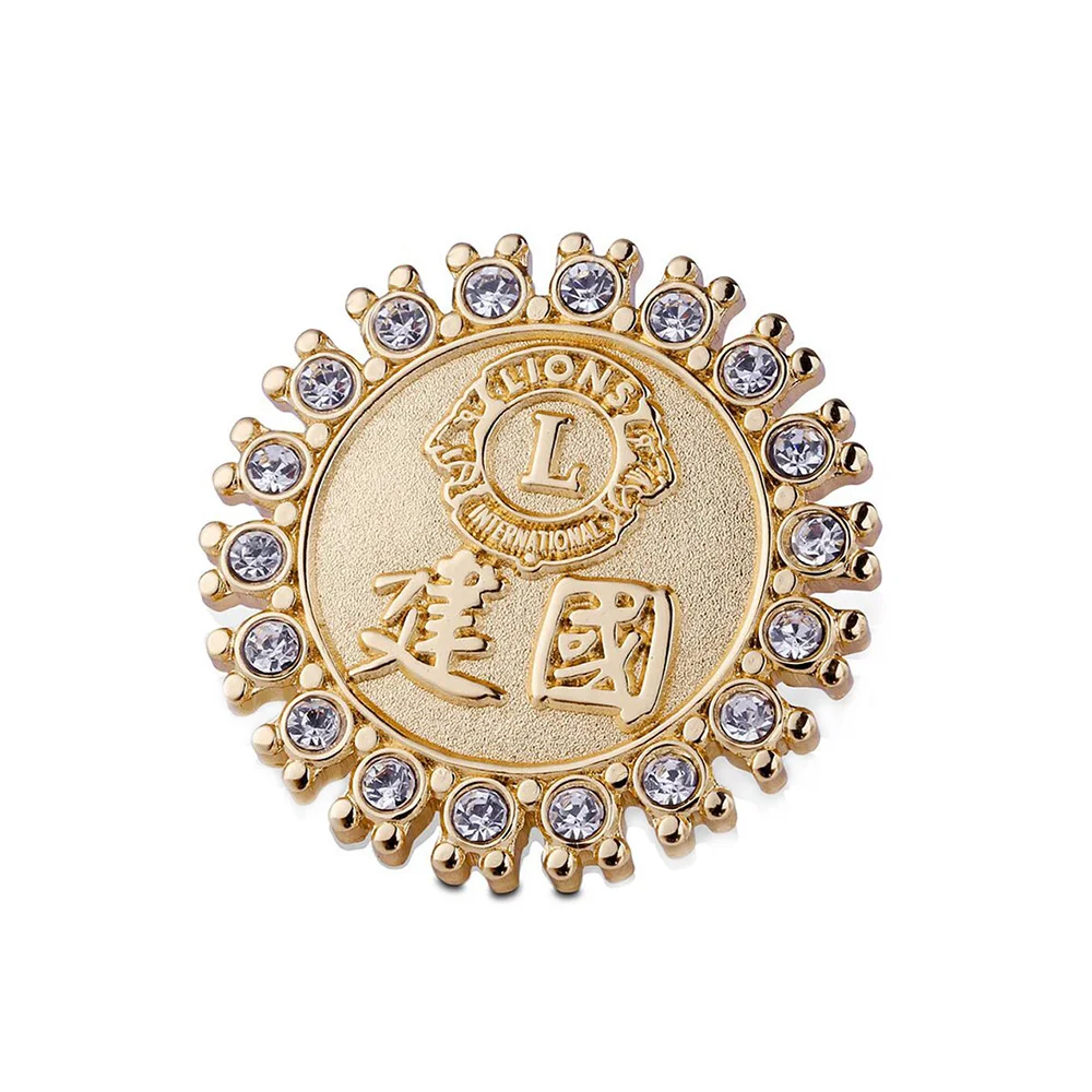 High Quality Customized Shaped Metal Embossed 3D logo Brooch Diamond Lapel Pin Badge Rhinestone lion Club Pins for Sale