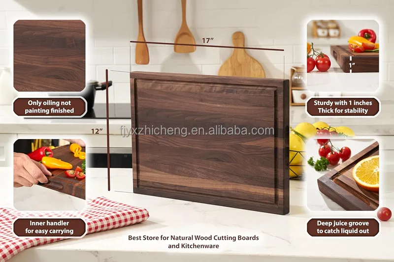 product american dark walnut wood cutting board 17x12x1in kitchen juice groove inner handles thick wooden board-2