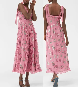 High end international wholesale clothing women fashionable ruffle dress sleeveless sexy lady's floral dress