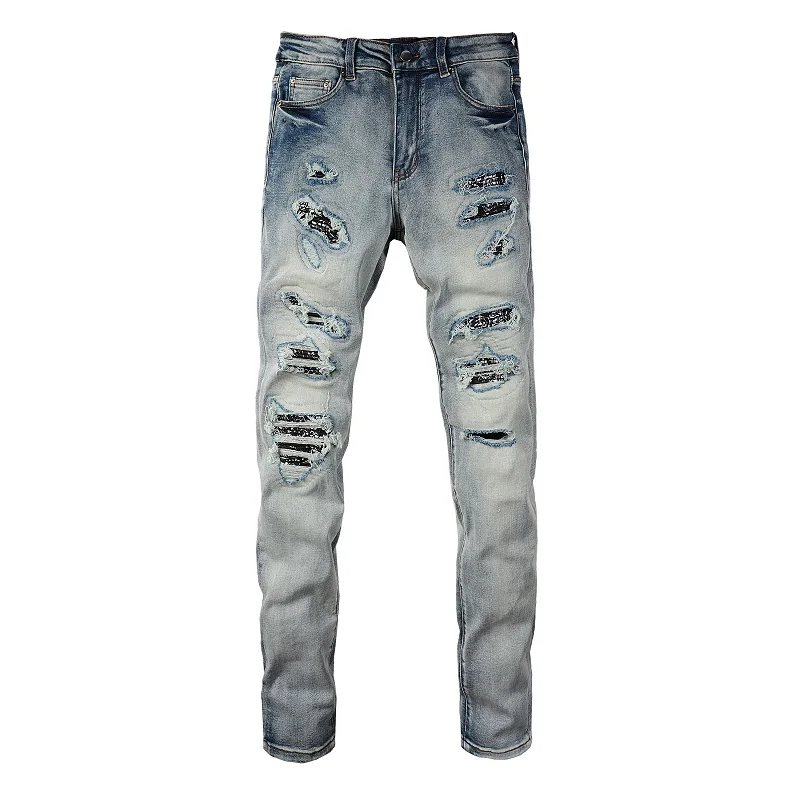Streetwear Jeans Slim Cropped Patch Stack strappati individualità