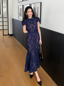 Bettergirl 2026 Ramadan Collar short sleeved high waisted slim fit deep blue embroidered dress