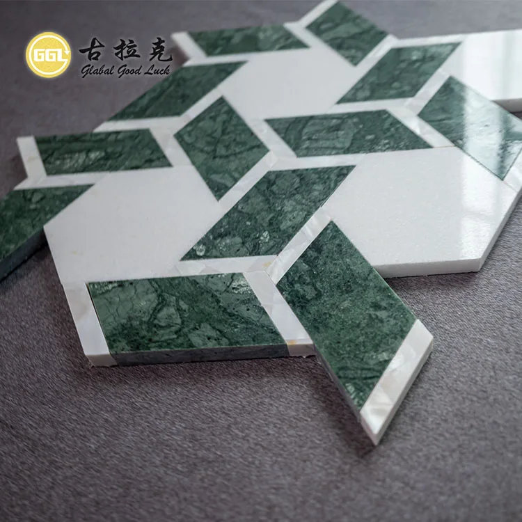 Polished Green White Marble Mosaic Mix Shell Tile Water Jet Stone Irregular Shape Mosaic Tile for Wall Floor Decor