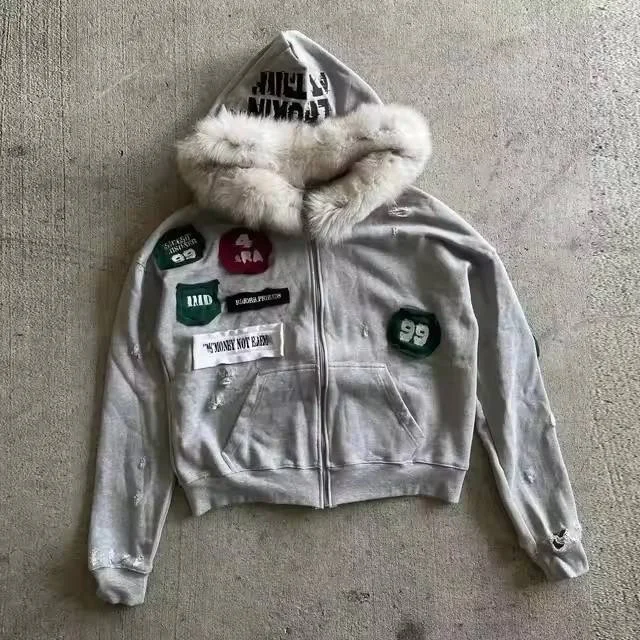 Unisex Winter French Terry Hoodie Streetwear Y2k Cotton High Quality Heavyweight Fleece Zip Fur Custom Embroidered Streetwear