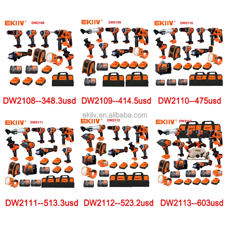 EKIIVHigh Quality Factory Made Combo Power Tools 10 Kits Tool Set Cordless Impact Wrench Angle Grinder Hammer Drill Set