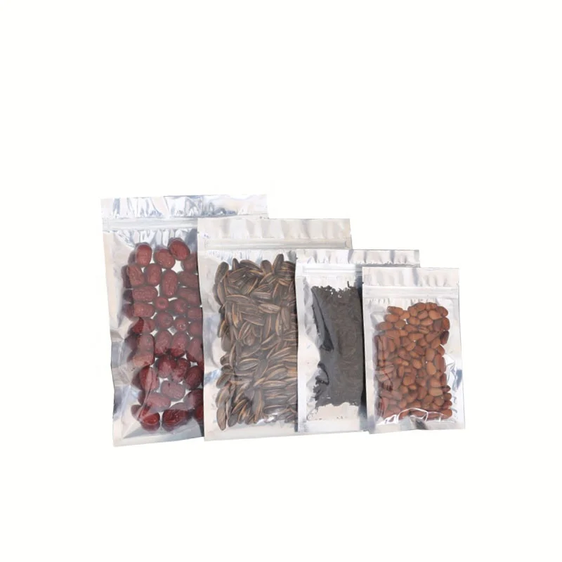 In Stock and Custom Front Clear Silver Aluminum Foil Metallic Flat Resealable Zip Lock Bag for Food Packaging