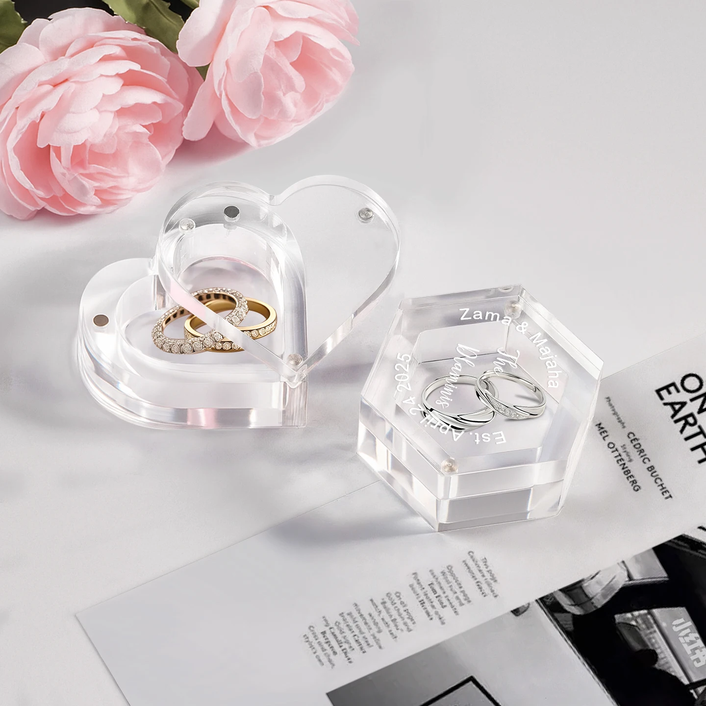 Custom Clear Acrylic Wedding Ring Box Personalized Wedding Ring Holder for Ceremony Engraved Romantic Ring Bearer Box supplier