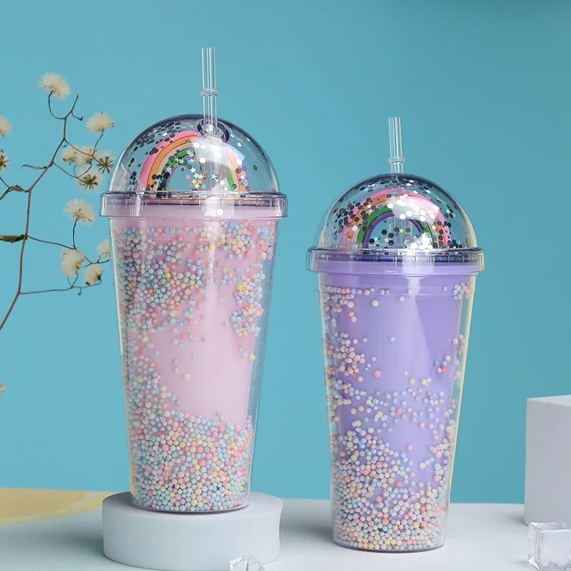 ZUARFY 550ml Creative Rainbow Plastic Water Bottle Double Layer Shiny  Quicksand Sequins Kawaii Drinking Cup with Straw Lid Coffee Juice Tumblers  Mug Drinkware 