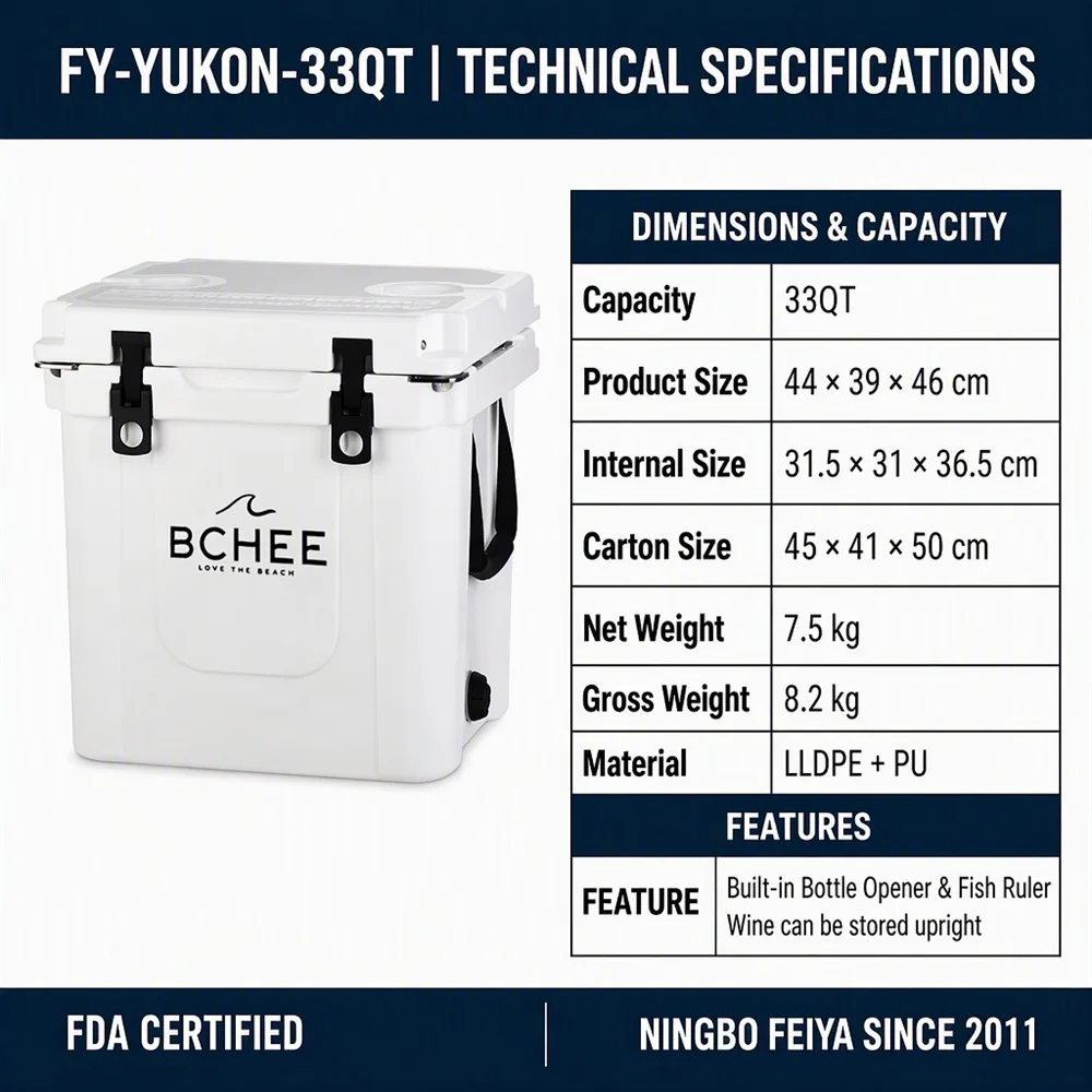 Custom Logo 33QT Waterproof Thermal Insulated Rotomolded PE Plastic Portable Cooler Box 5-Day Dry Ice Preservation for Camping