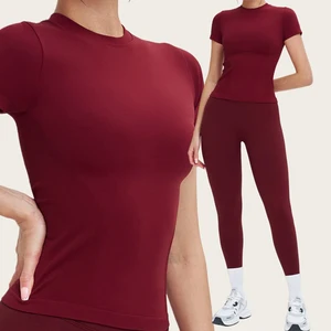 Custom High Elastic Seamless Compression Women Short Sleeve Tight Yoga Fitness Gym Running Top