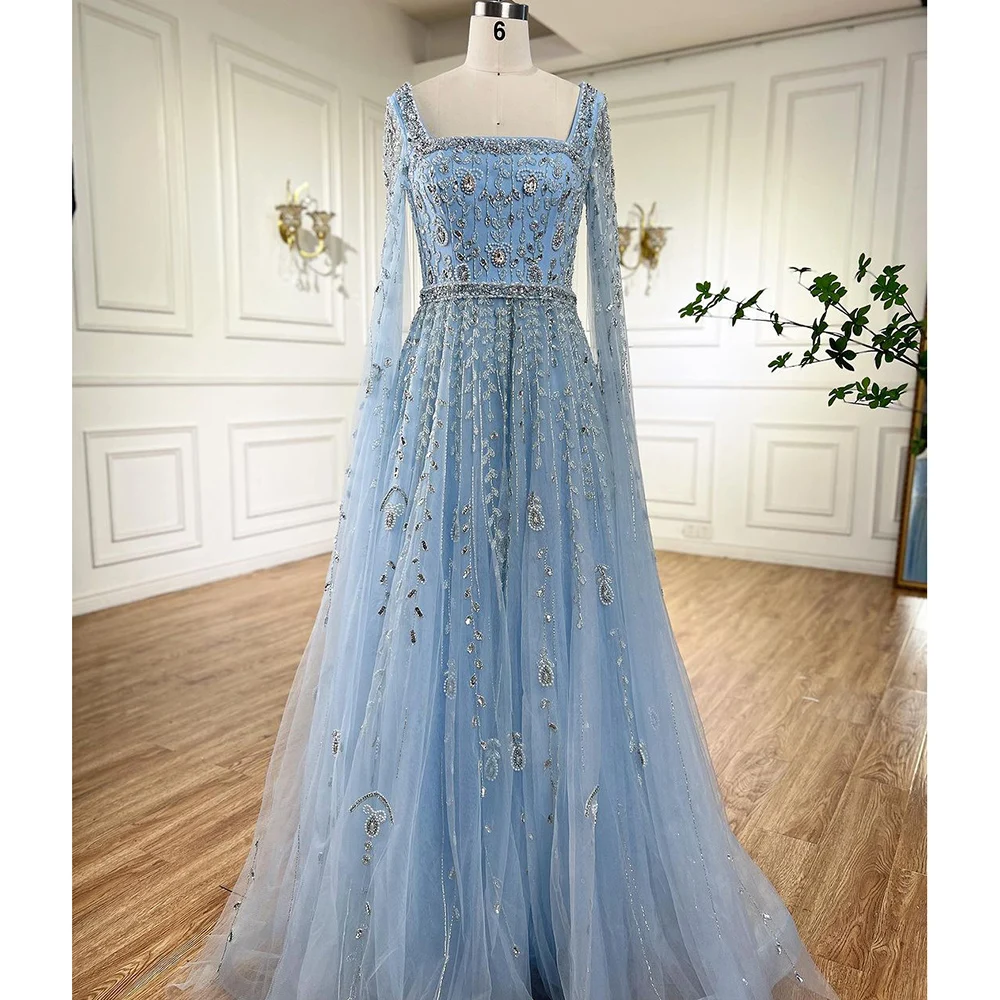 Mint Cape Sleeves A Line Beaded Luxury Dubai Evening Dresses Long 2025 Celebrity Gowns For Woman Party LA71865 main image 0