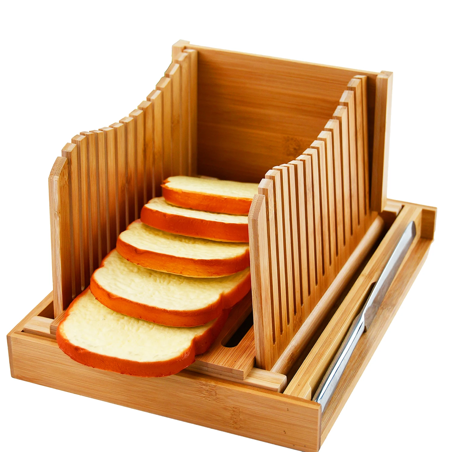 Adjustable Thickness Kitchen Bamboo Bread Slicer Cutting Guide With Knife & Serving Tray For