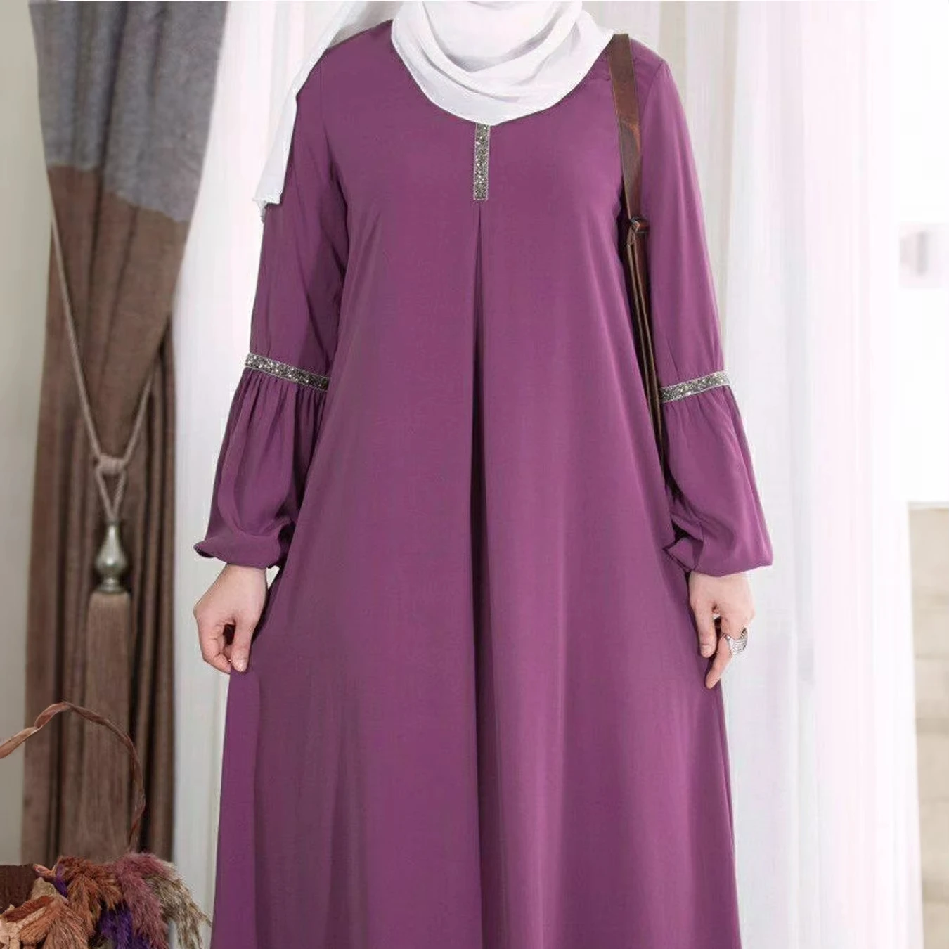 X397 Custom Modern Elegant Women Ladies Dress Muslim Crew Neck Dress Plain  Casual Islamic Clothing Women Muslim Abaya
