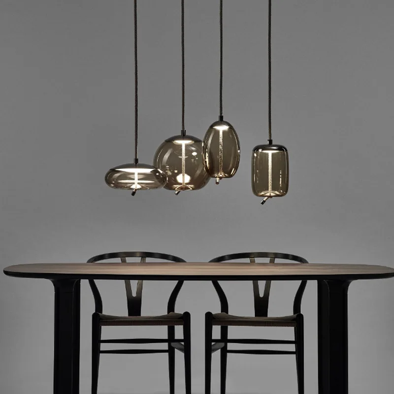 Simple Twisted Rope Glass Led Pendant Light Creative Smoke Gray Glass Kitchen Restaurant Chandelier