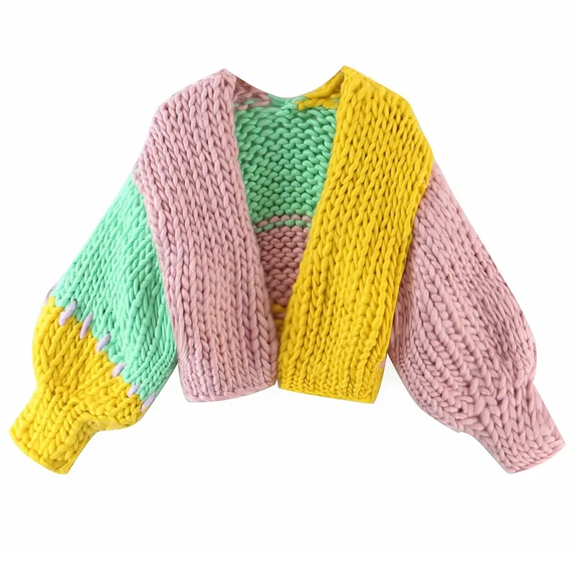 Large Thick Line Contrast Color Rainbow Knit Cardigan Loose Lazy Bubble Sleeves Handmade Sweater Coat