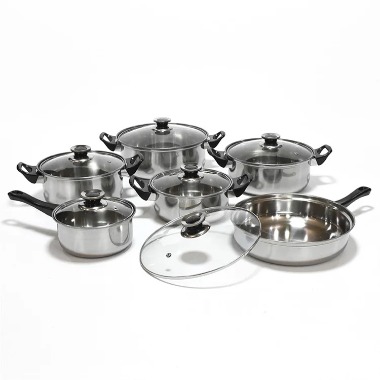 12-piece Stainless steel cookware set milk soup pot frying pan kettle  non-stick wood grain glass lid