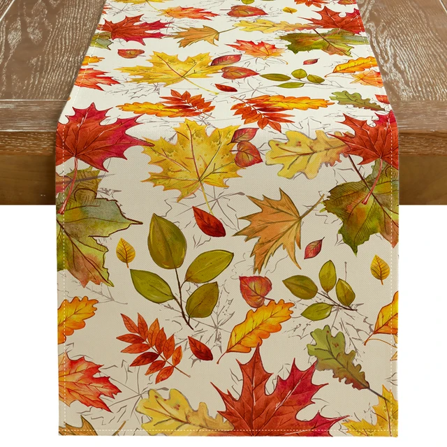 Fall Table Runner Maple Leaves Rustic Thanksgiving Table Decoration for Indoor Outdoor Dinner Party (Orange Red Green Leaves)