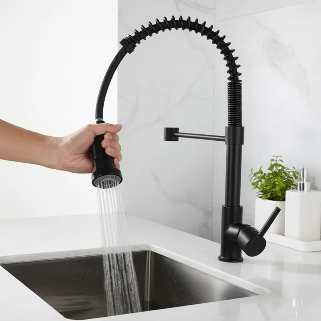Stainless steel pull down kitchen faucet with spring spout design