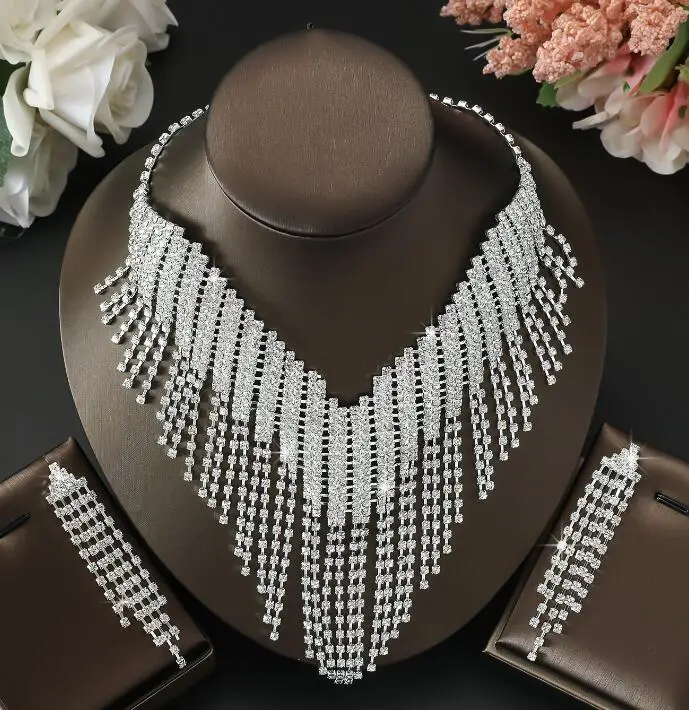 Europe and the United States Rhinestone Tassel Collarbone Chain New Exaggerated Wholesale Custom Jewelry Sets Necklace Set
