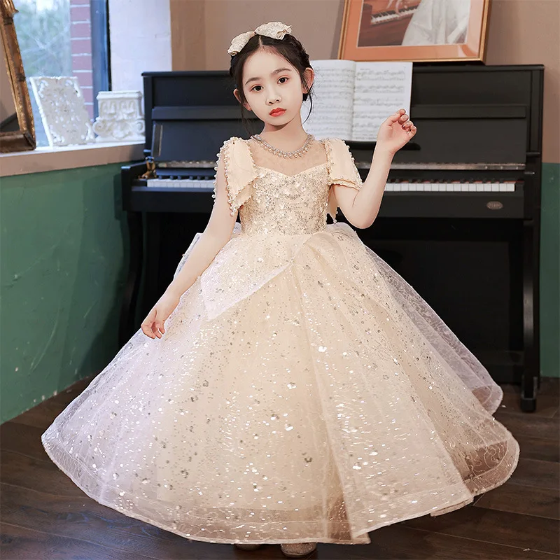 champagne color flower girl dress Adorable Champagne Flower Girl Dress with Pearls  FancyVestido