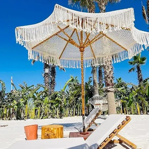 Luxury 2.5M Wooden Pole Macrame Ropes Open Parasol Sun Protection Garden Patio Umbrella with Modern Design for Hotels Parks