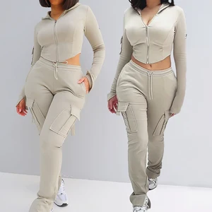 Huili Custom LOGO Tracksuit Slim Fit Skinny Zip up Hooded Crop Top Pants Two Piece Hoodie and Shorts Activewear Sets for Women