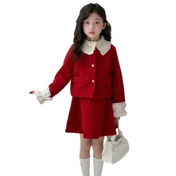 Sweet princess small fragrance style baby girl clothing set winter thickened temperament top and skirt two-piece set