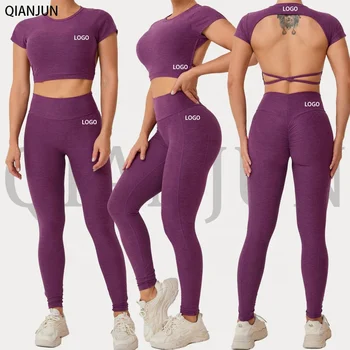 Custom Logo Activewear Sets Gym Fitness Sets Yoga 3 Piece long sleeve Top Sportswear Bra Seamless Leggings Workout Set for Women