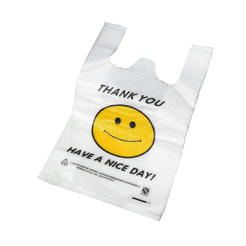 High Quality White Thank You Smile Face Transparent Plastic Vest Handle