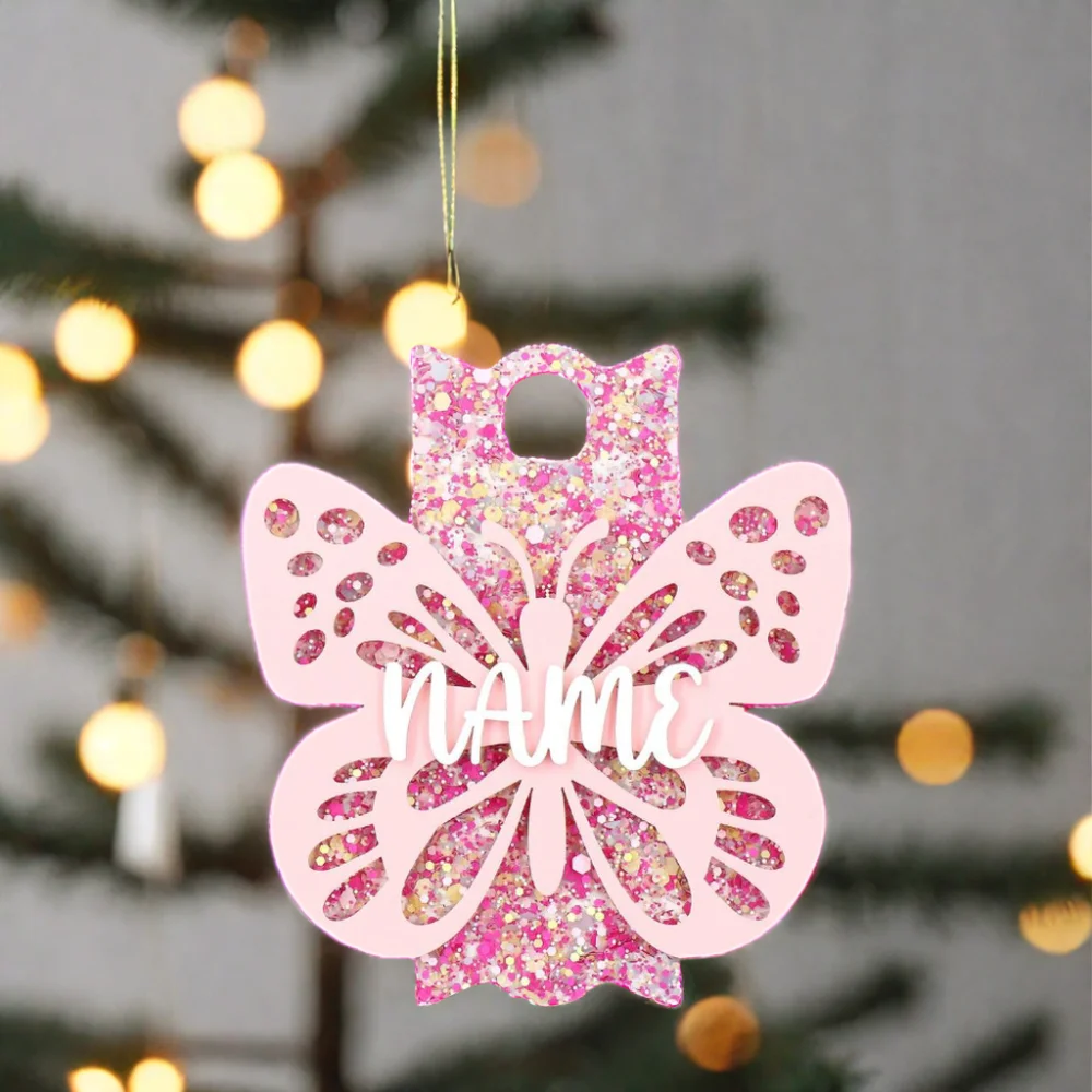 YYXCH1546 High Quality Acrylic Tumbling Cup with Laser Cutting Pink Butterfly Nameplate Plate for Christmas Tree Ornaments details