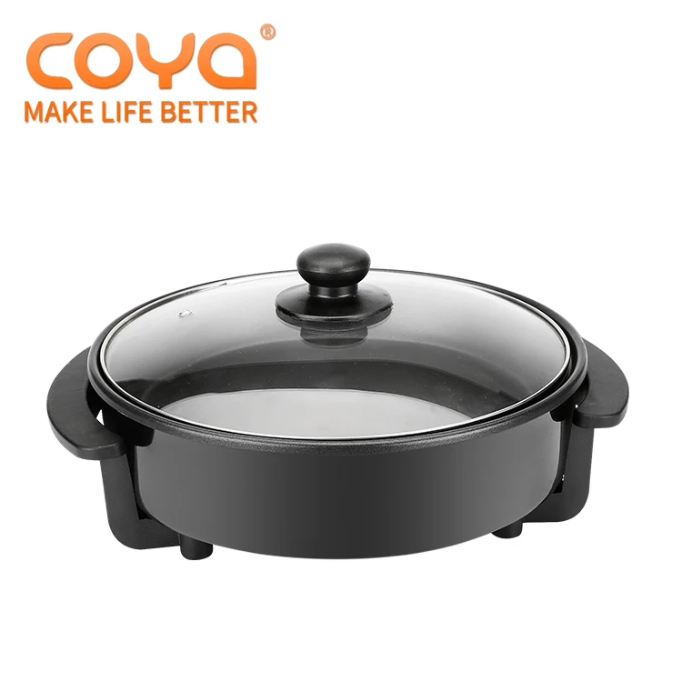 Round Black Multi Cooker With Tempered Glass Cover Electric Teppanyaki Cooker