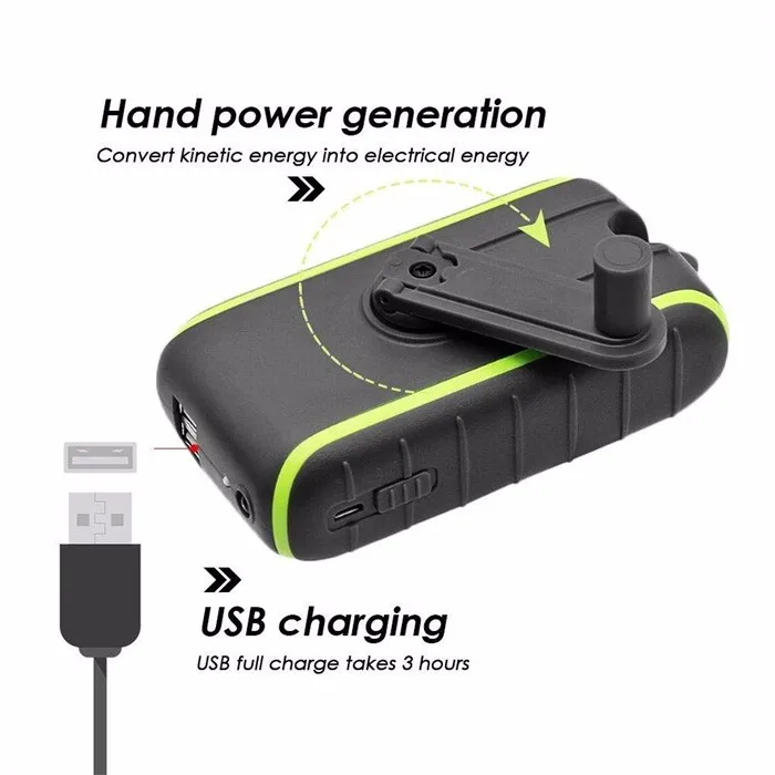 Powerbank with Dynamo Hand Crank - Charge via solar cell or crank