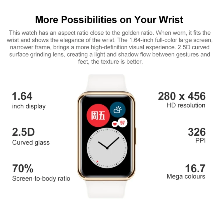 Original Huawei WATCH FIT Smart Watch Men & Women, Elegant Version,1.64 inch Amoled Color Screen,Support Fast Charging