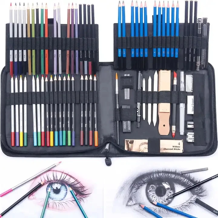 Continua a sorridere! Set professionale di 83 matite colorate per disegno e schizzi per bambini, forniture artistiche per la pittura._voghion.com