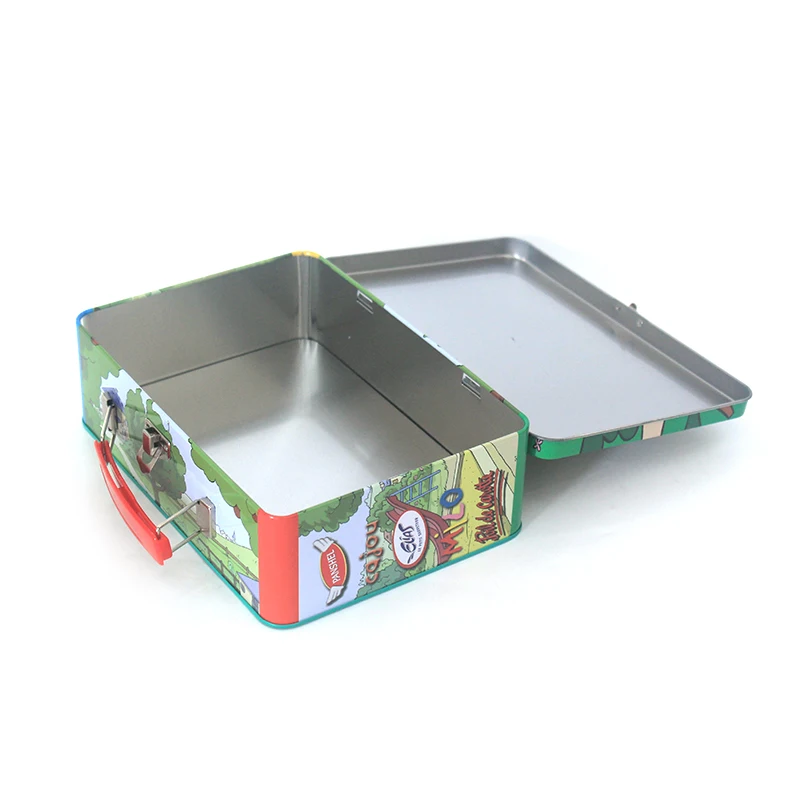 Small Rectangular Hinged Lid Metal Stationery Cosmetics Tin case Beautiful  Lunch Tin Box With Handle for Children