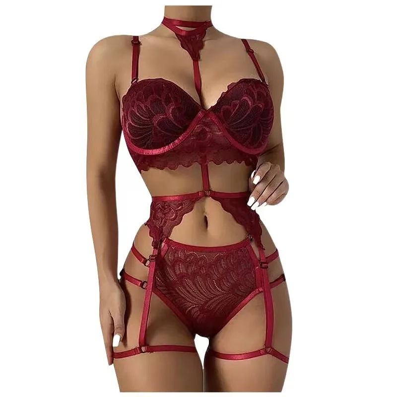 Gifts High Waist Sexy Lingerie 3 Piece Set Women Underwear Floral Lace  Embroidery Bra and Panty Intimate Nighty
