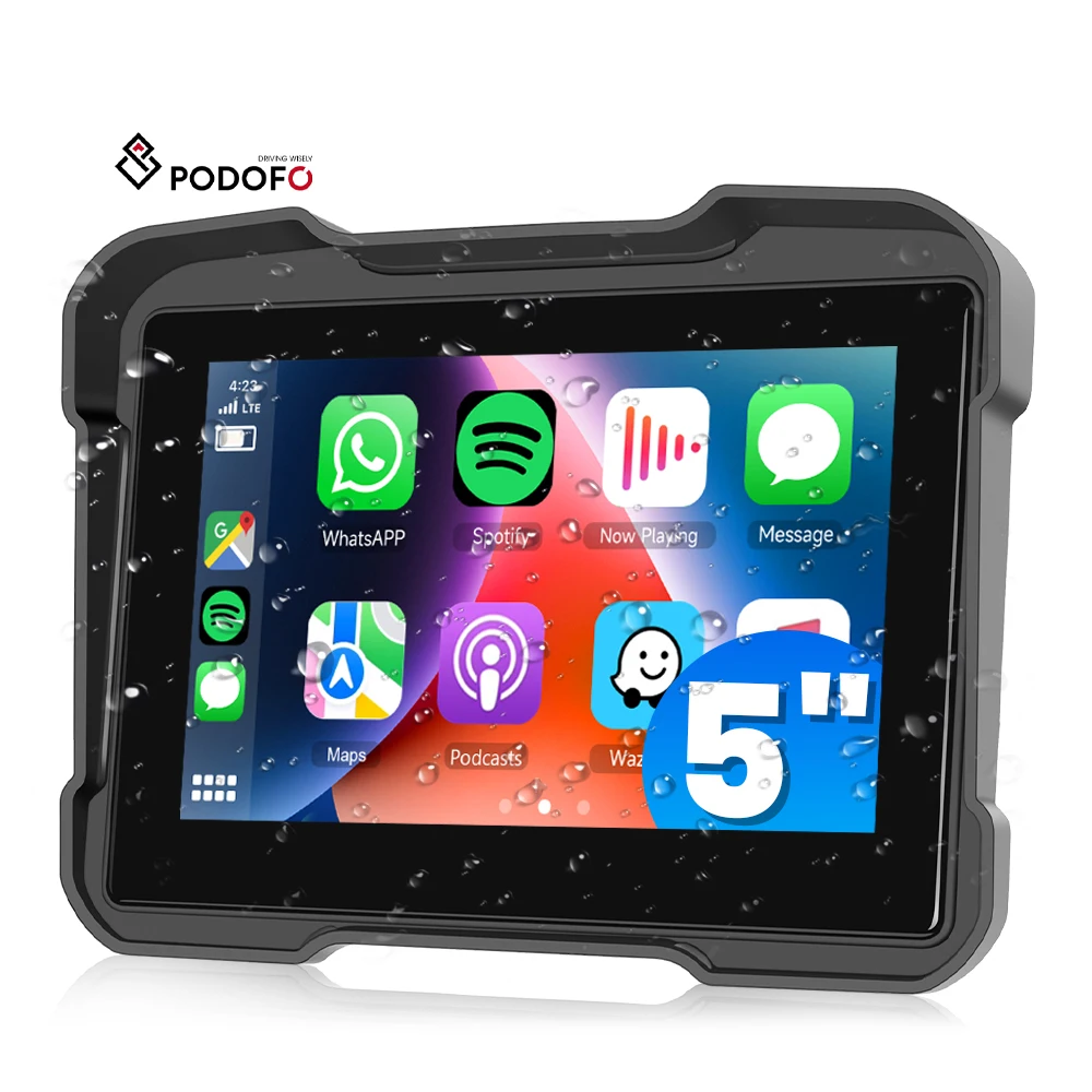 Podofo 5 Inch Portable Wireless Carplay /Android Auto Monitor IP67 Waterproof for Motorcycle Support Airplay Android Cast BT A3910