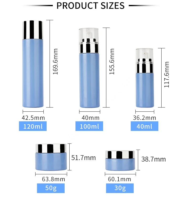 Blue Empty Cosmetics Cream Containers Set Skincare Glass pump Spray Lotion Bottle With Silver Cap 30g50g40ml100ml120ml details