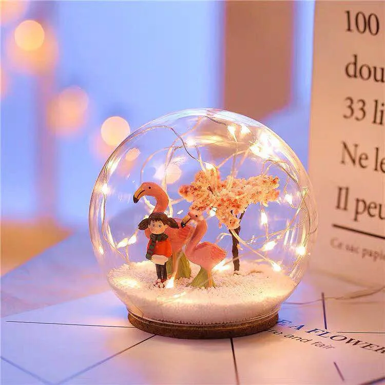 Flamingo Custom Mini Round Colorful USB Charging Xmas Snow Globe Lover Couple Valentines Day Led Night Light