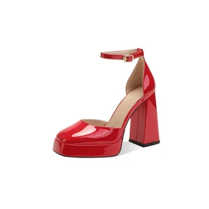 Women's Red Patent Block Heel Pumps High Heeled Ankle Strap Sandals with Sexy Square Toe Ladies' Fashionable Summer Sandals
