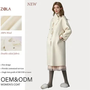 White Hepburn-style Double-sided 100% Wool Long Women's Winter Coat with Button Closure Woolen Fabric Warm & Soft Casual Style