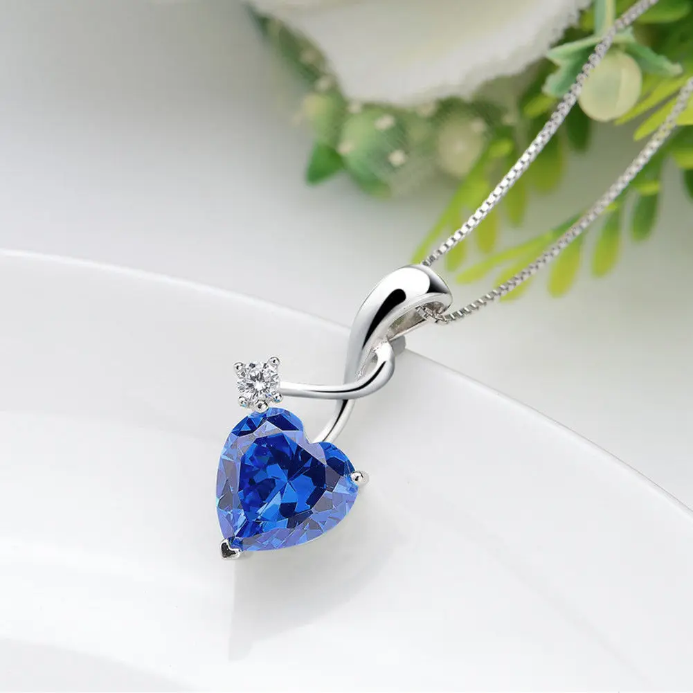 Silver Color Necklace Blue Sapphire Pendant Women www.1mrk.com