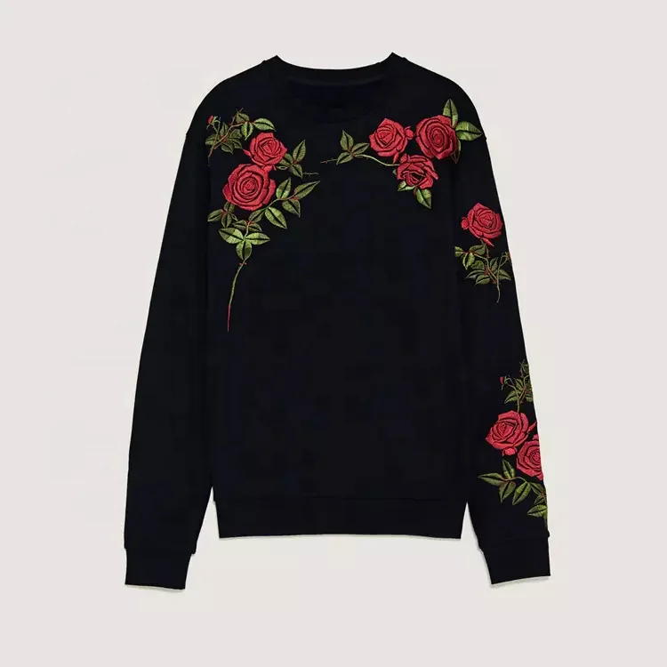 Custom Mens Long Sleeve Crewneck Visual Rose Embroidered Sweatshirt Cotton