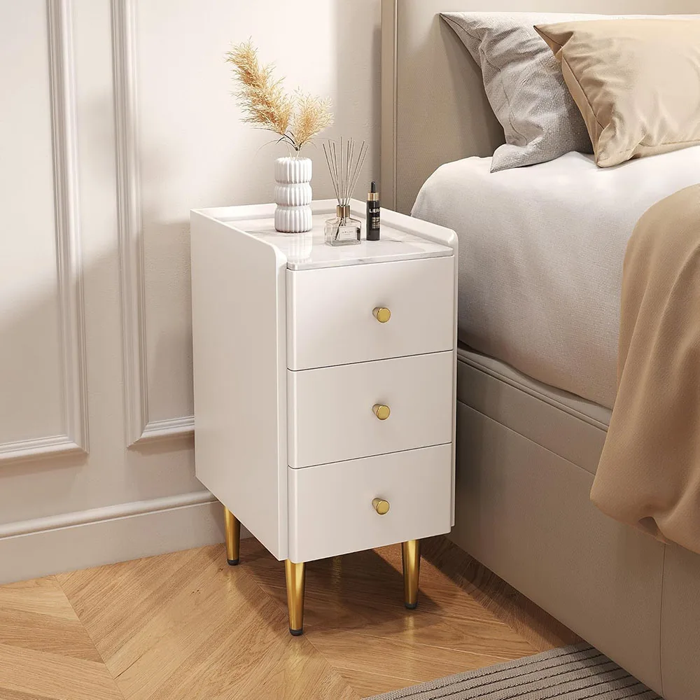 Modern Minimalist 3-Drawer Narrow Nightstand Small White Gold Bedside Table for Small Spaces for Bedroom Furniture factory