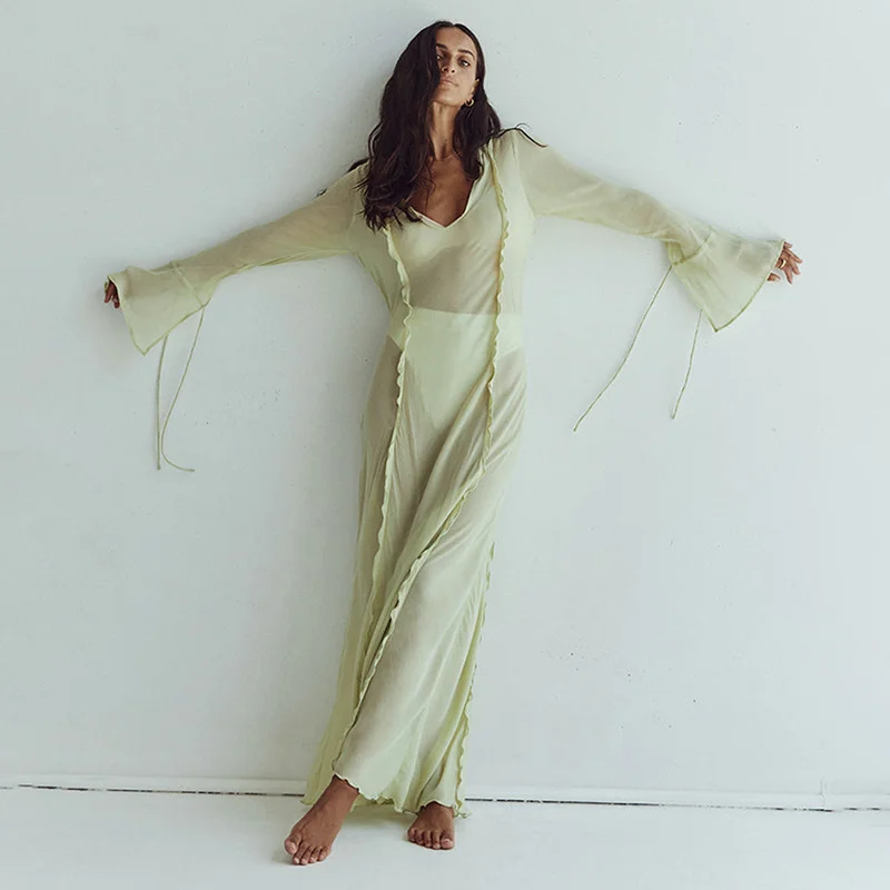 Elegant Mesh Sheer Beach Dress for Women Summer Sexy Flare Sleeve Bikini  Cover-Ups Bodycon Party Long Dress