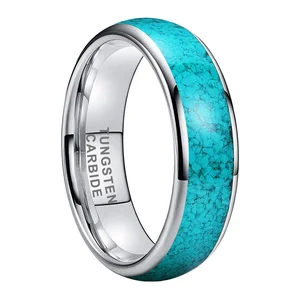 Coolstyle Jewelry 6mm Tungsten Carbide Ring for Women Crushed Turquoise Inlay Domed Fashion Jewelry Engagement Wedding Band