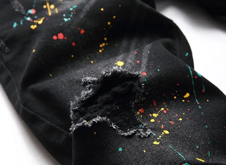 Spray paint hole Slim fit pants skinny jeans for men splash-ink ripped jeans Leisure Biker Hole jeans streetwear